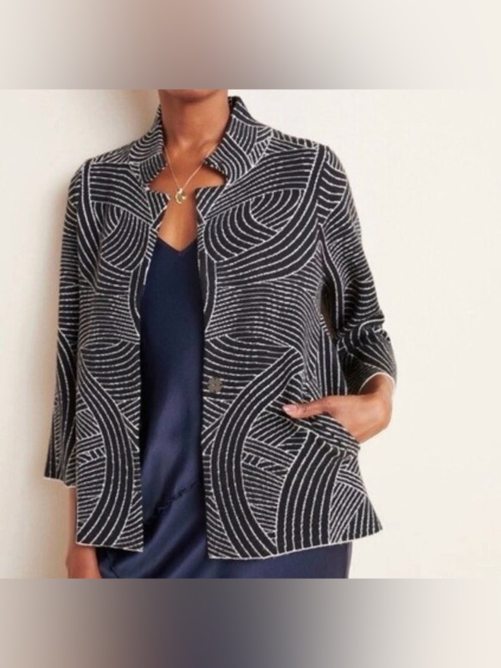 Anthropologie Pietra Knit Jacket Medium Black White Abstract Open Front‎ Blazer